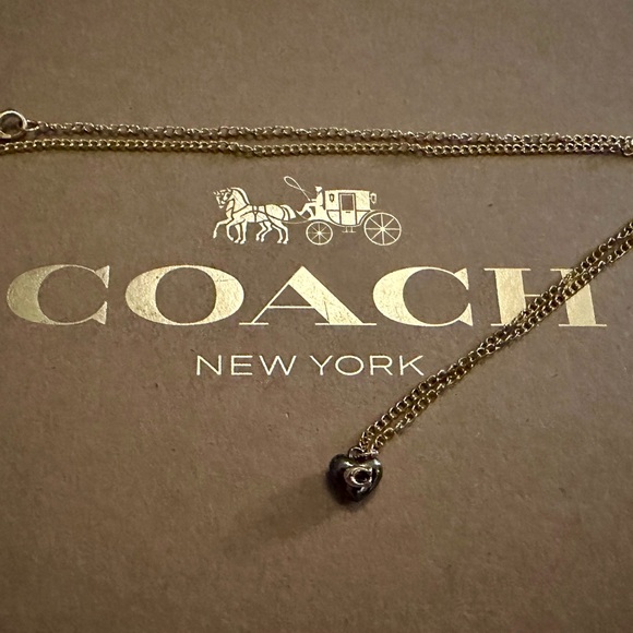 Coach Dainty Gunmetal Puffed Heart Necklace with Gold Signature C - Picture 3 of 5